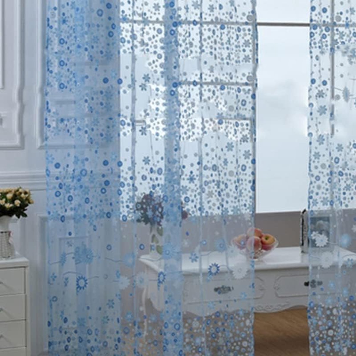 Gordijn, Doorschijnende Bloemen Voile Gordijnen Elegante Pure Gordijn Bloem Tule Transparante Raambehandeling voor Woonkamer Slaapkamer(100cm*250cm-blauw)