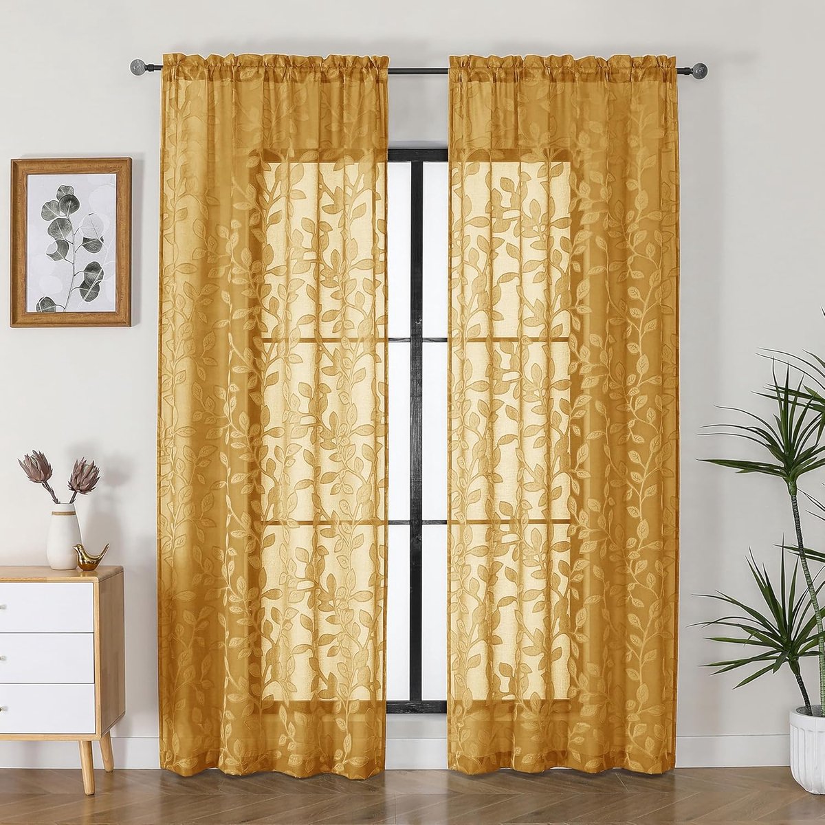 Gouden transparante gordijnen 213 cm lang, 2 panelen voor woonkamer, jacquard clip bladpatroon getextureerd licht filterend venster semi-transparante voile gordijnen voor slaapkamer, elk paneel