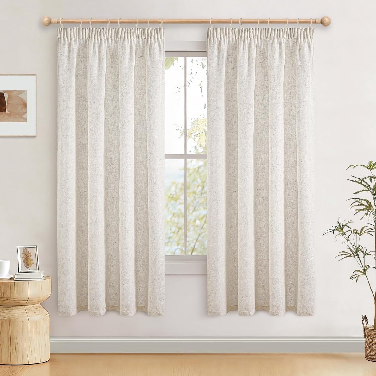 Gordijnen met plooiband, woonkamer, linnenlook, gordijn, linnen, halftransparant, gordijnen, set van 2, 145 x 140 cm (h x b), voor kinderkamer, modern, natuurlijk gordijn, linnen