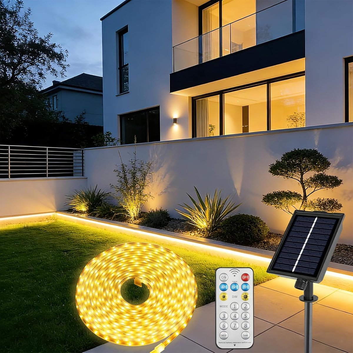 Ledstrip op zonne-energie voor buiten, 10 m, 640 ledstrip, IP68 waterdicht, dimbaar, met afstandsbediening, 8 verlichtingsmodi en timer, oplaadbaar, voor balkon, tuin, terras, warmwit