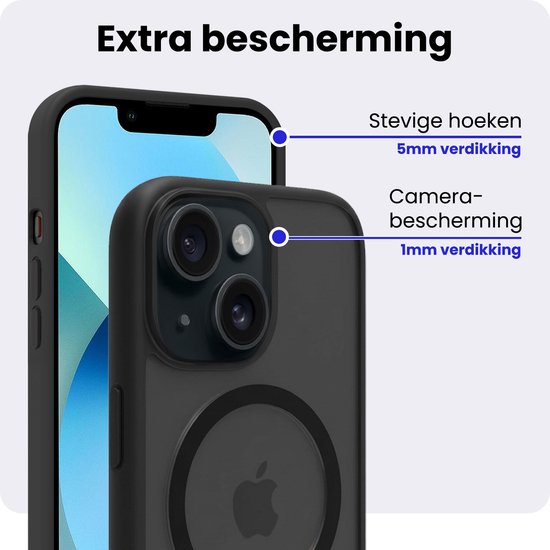 Zwarte hoes met MagSafe-ring, verhoogde randen 5mm en camera-bescherming 1mm.