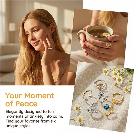 6PCS Angst Ring voor Vrouwen, Zilveren Fidget Ring voor Tienermeisjes, Verstelbare Open Spinner Ringen voor Angst Vrouwen Dochter, Verstelbare Fidget Ring voor Anti-Stress - Star Moon Finger Spinner — afbeelding 5