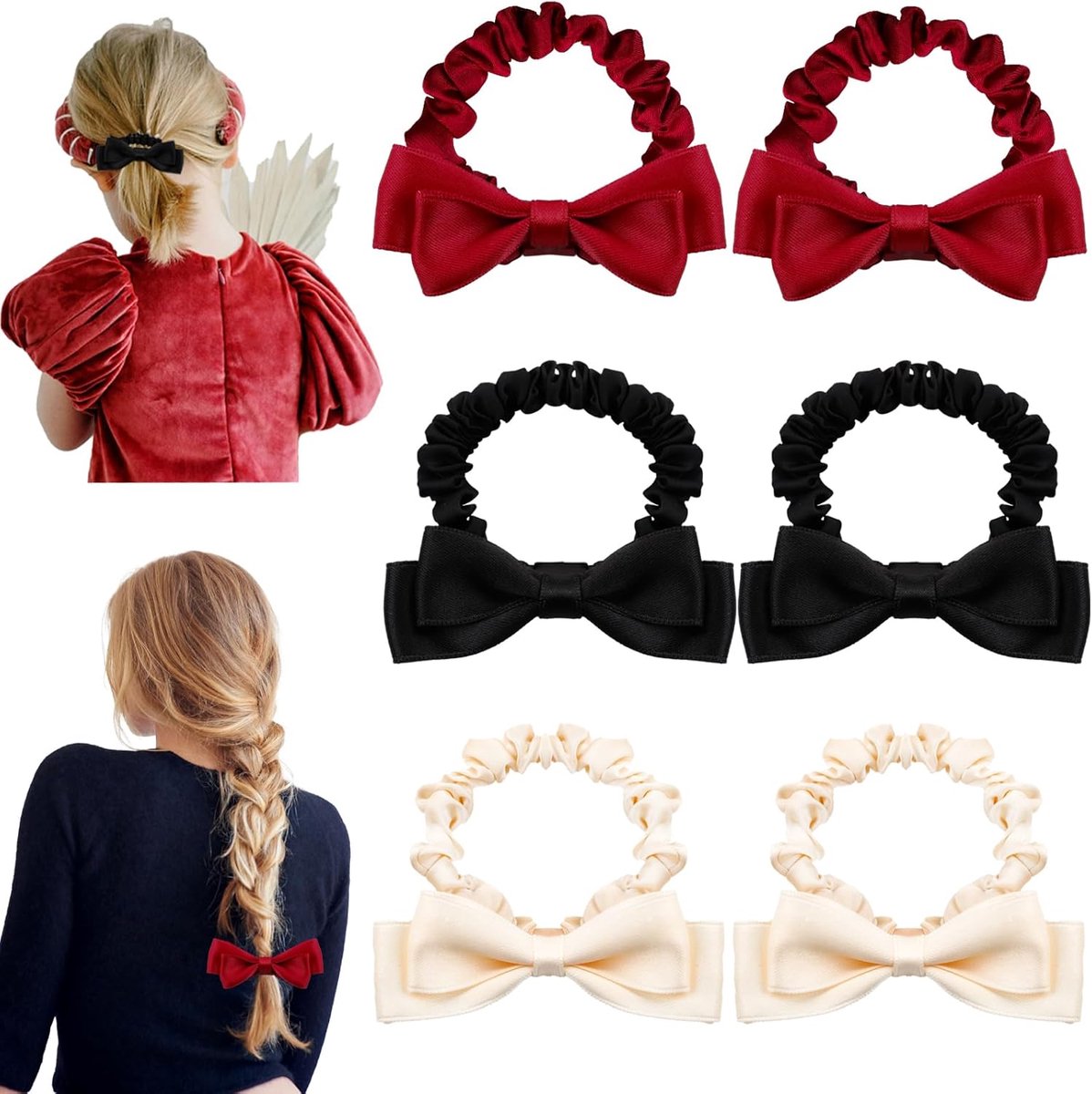 6 stuks haarstrikken, zijden scrunchies met strik, elastische haarstrikken, zachte strik, haarbanden voor dik of dun haar, schattige haaraccessoires voor vrouwen en meisjes (zwart, wit, rood)