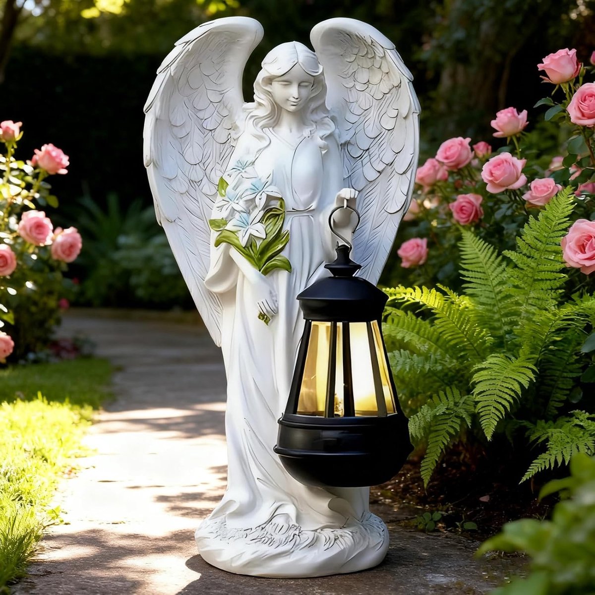 Tuinfiguren in de vorm van een beschermengel, tuinfiguren met zonneengelen, decoratie voor buiten, engelsculptuur, tuin, terras, vensterbank