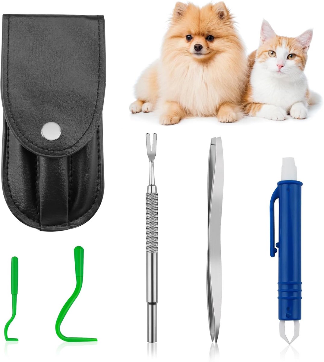 Tekentang, 5-delige set, etui, tekentang voor mens bevat 2 tekenhaken, 1 geveerde tekentang, 1 pincet met dubbele uiteinden, 1 tekenpincet, tekentang voor honden, huisdieren, katten