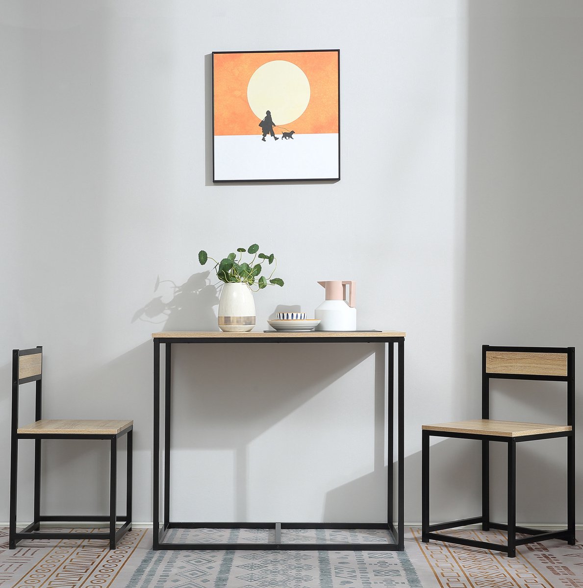 MEUNIQ Eettafelset voor 2 personen, industrieel, 90 x 47 x 76 cm, met 2 stoelen, zwart met
