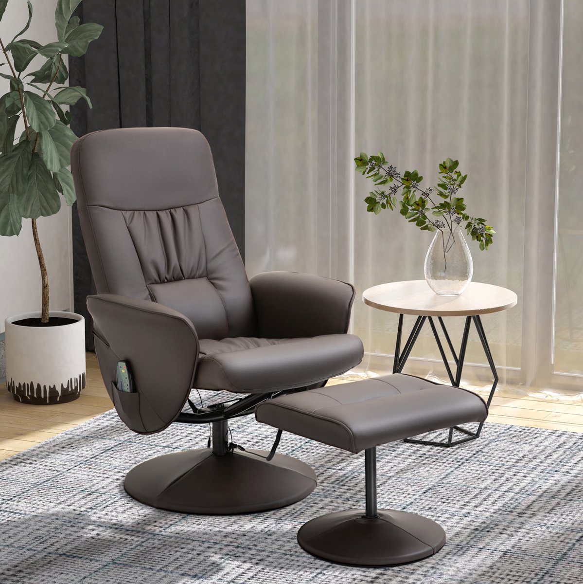 MEUNIQ relaxfauteuil met hocker 76 x 81 x 105 cm, 360° draaibare massagestoel met handmatig verstelbare rugleuning tot 145°, kunstleer, bruin