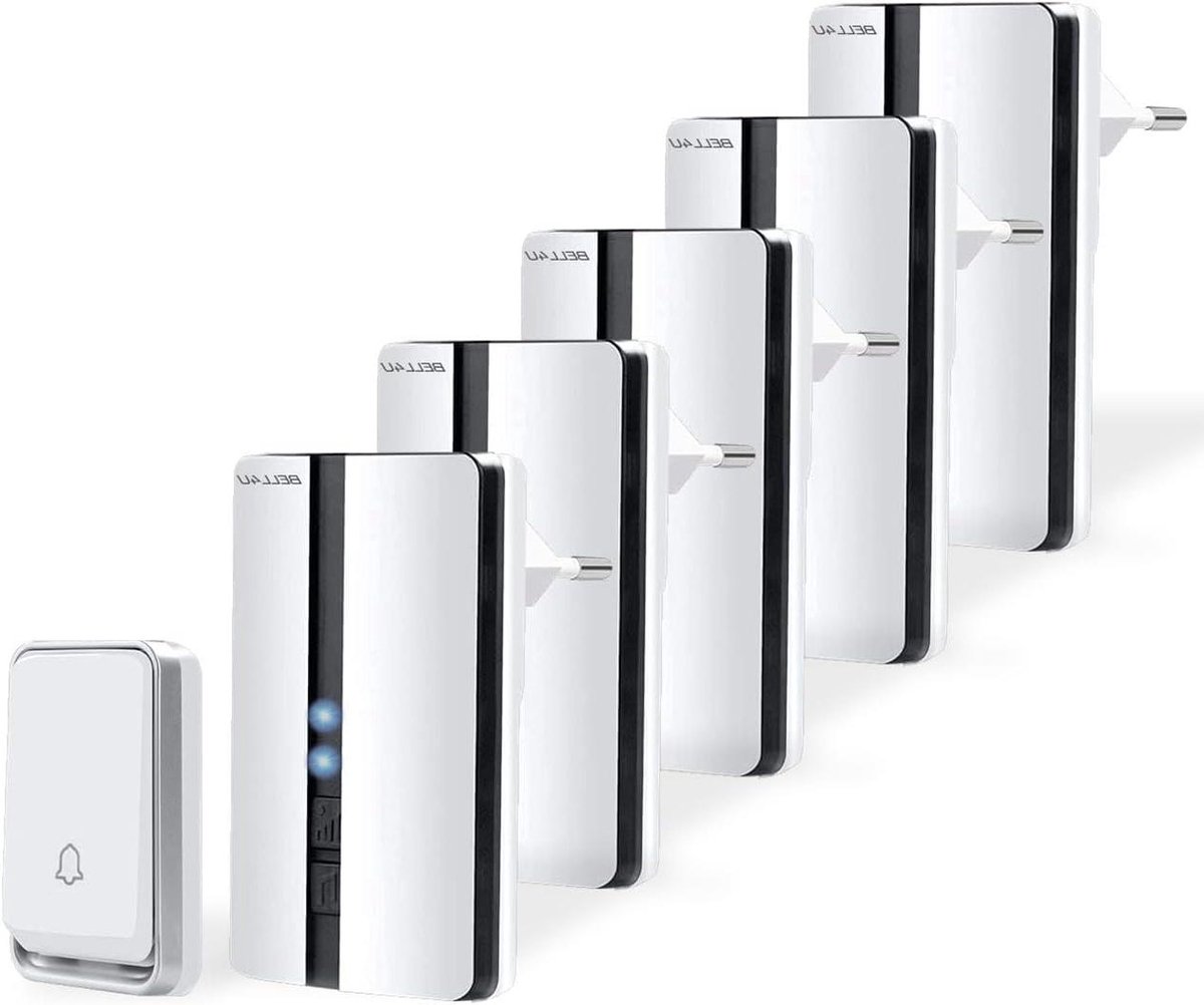 Draadloze Deurbel - Deurbelset Batterijloos - Huis Beveiligen - Batterijloze Drukker - 5 Ontvangers - Wit