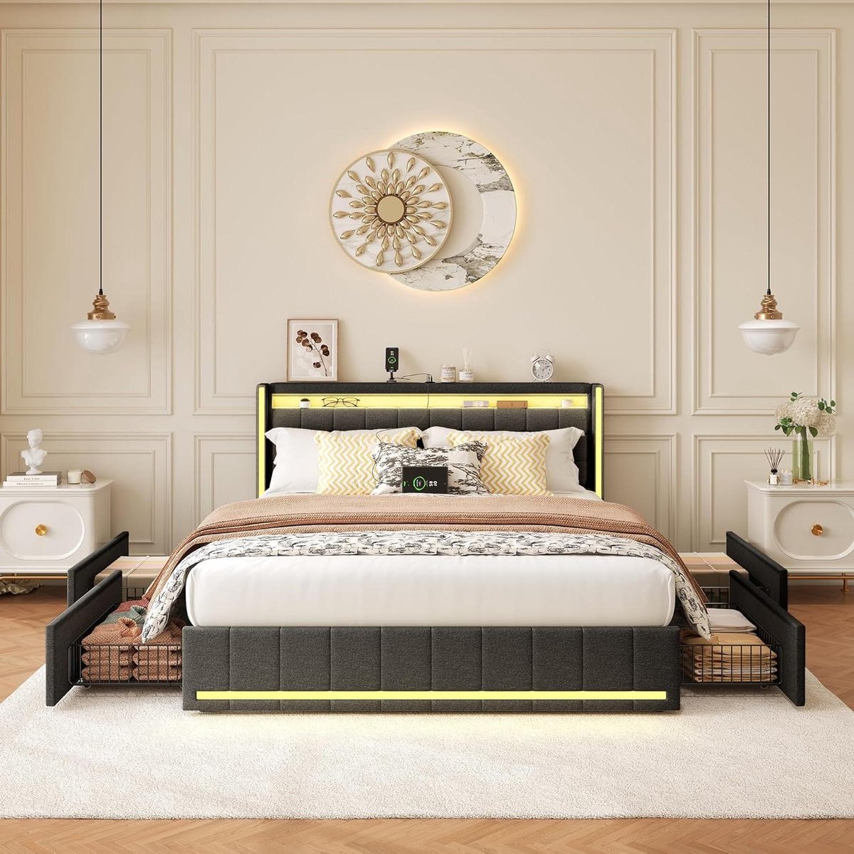 Gestoffeerd Bed - Linnen Bed - Moderne Slaapkamer - Geïntegreerde USB Poort - 140 x 200 cm - Donkergrijs