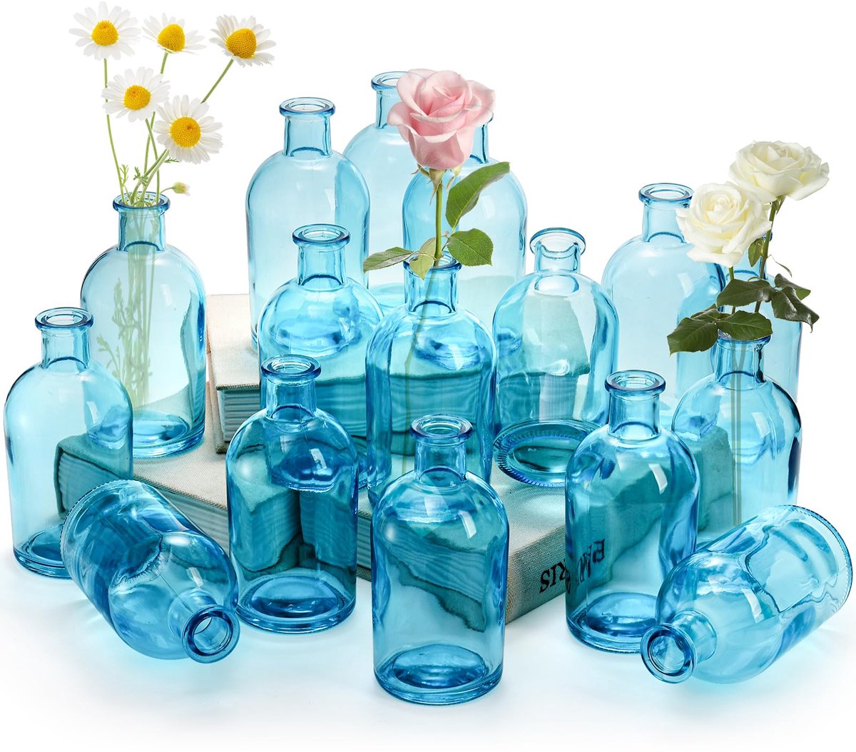 16 stuks blauwe glazen knopvazen, 250 ml levende knopvazen, kleine glazen vazen voor bloemen, decoratieve glazen flessen, vintage bloemenvazen voor tafelstuk, bruiloftsreceptie, woondecoratie,