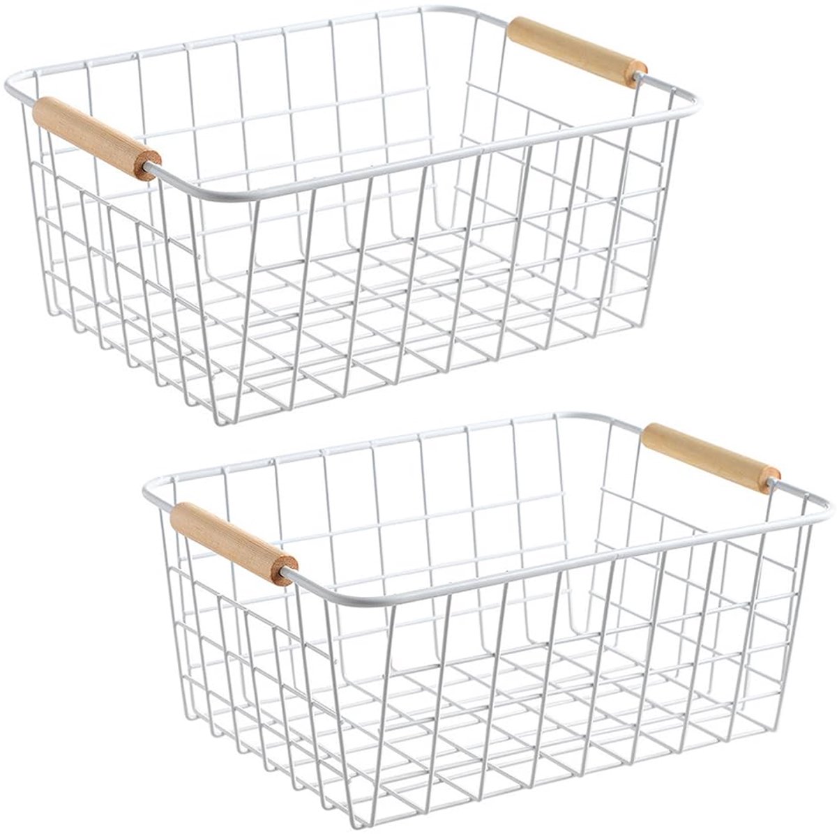 Manden met houten handgrepen opbergmanden, huishoudelijke koelkast voor kasten, voorraadkast, kasten, slaapkamers, keuken - set van 2 (wit)