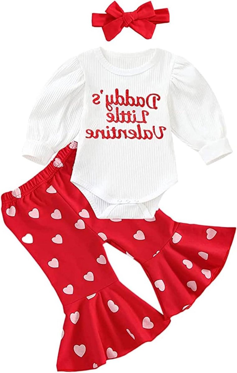 Baby Meisjes Kerstpak - Romper Set - Feestelijke Gelegenheid - Geribbelde Stof - 12-18 Maanden - Rood Hart