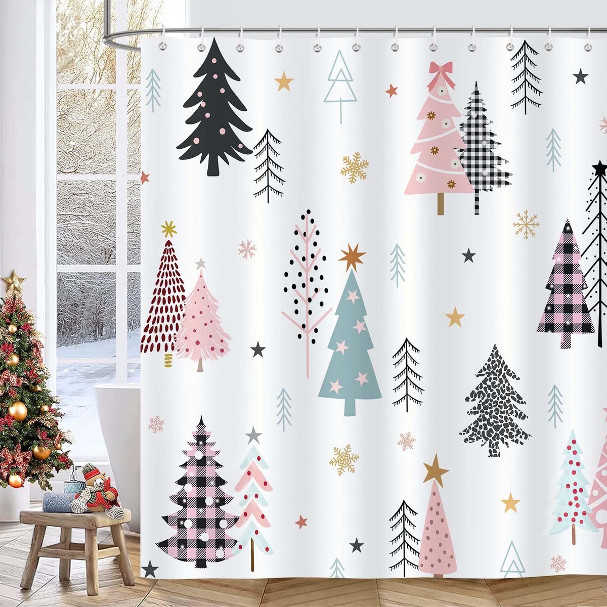 Douchegordijn, roze zwarte kerstbomen sterren winter badkamer gordijn 180 x 180 cm waterdicht schimmel- en schimmelbestendig polyester stof badgordijn met 12 haken