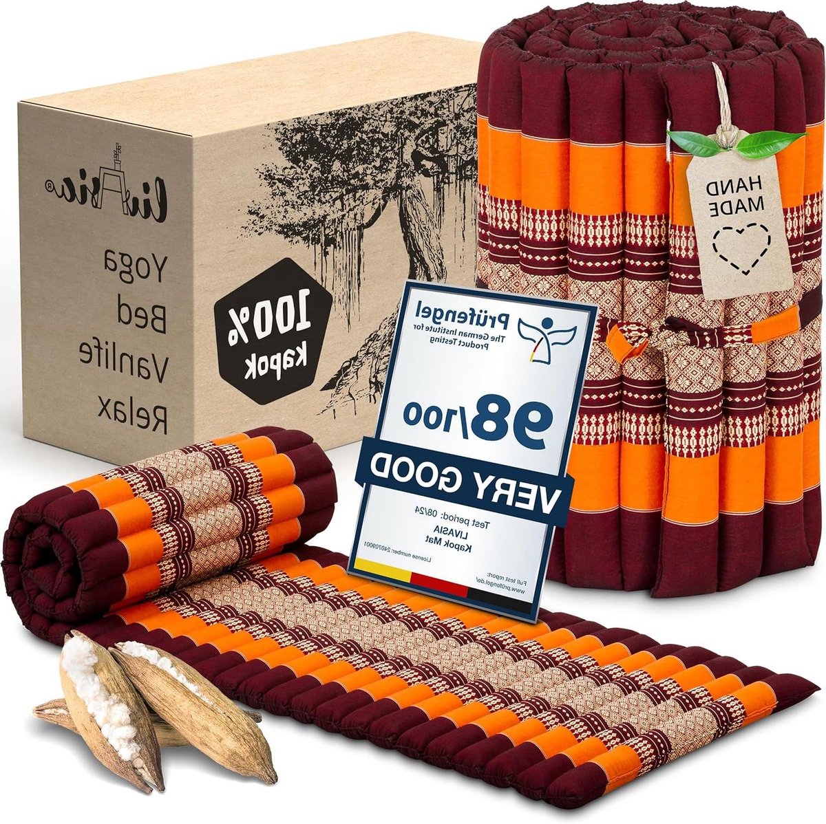 Rolmat S - Gastenmatras Reisbed - Ontspannen Buiten - Handgemaakt in Thailand - 200x50x45cm - Oranje