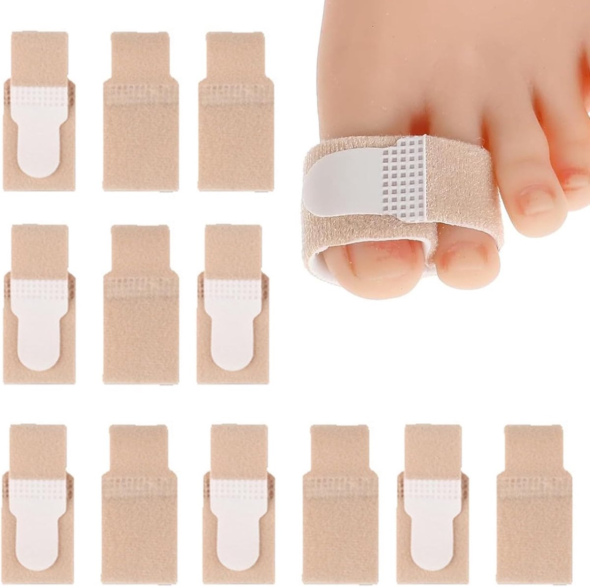 Set van 12 Teentrekkers en Teerails voor Correctie van Hamertenen, Gebroken Tenen en Kromme Tenen met Versterkte Bandages