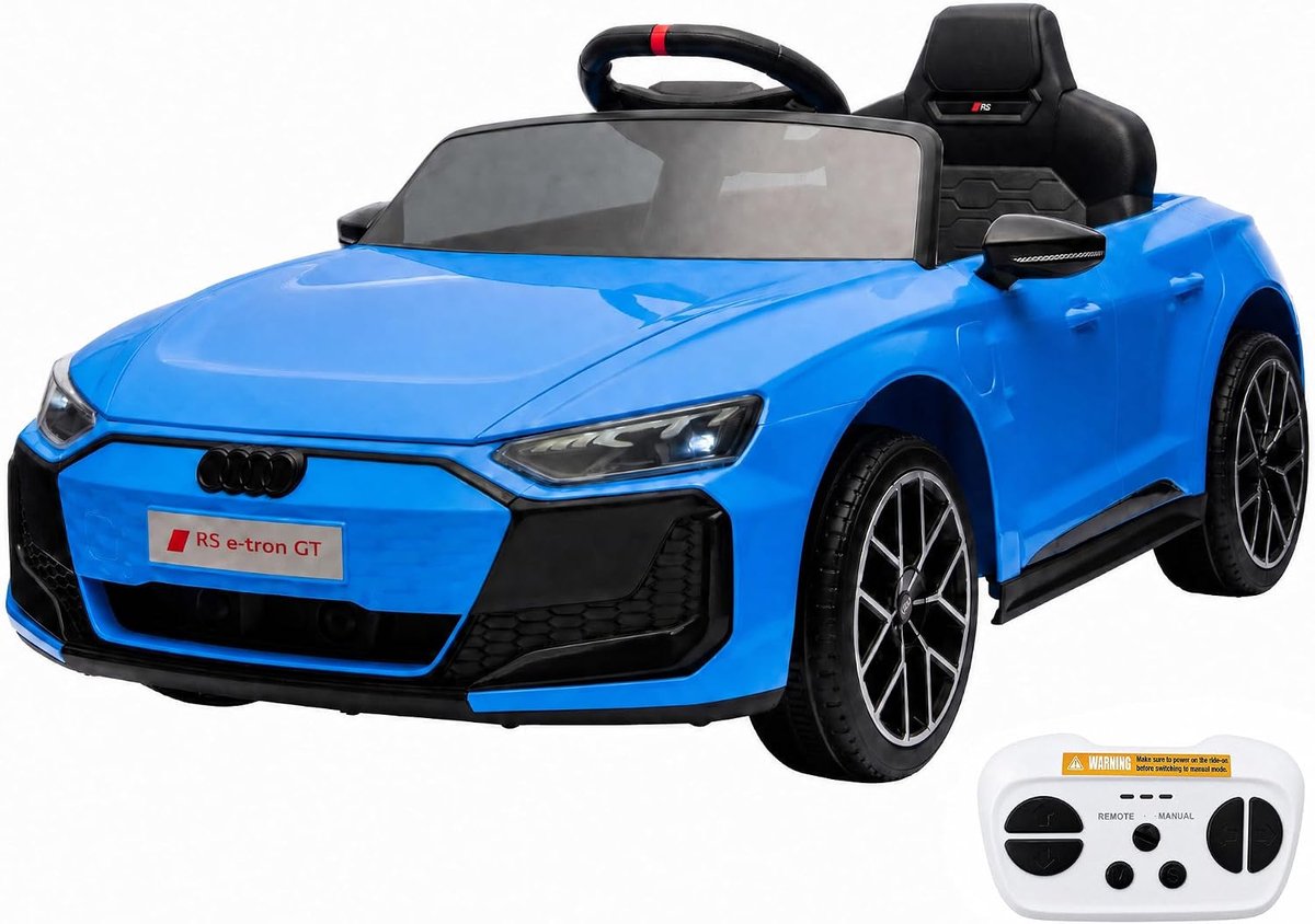 Elektrische kinderauto – met muziek, claxon en koplampen – voertuig op 12V-accu – 3–5 km/u – afstandsbediening – veiligheidsgordel – voor kinderen vanaf 3 jaar – A.U., D, I RS E-Tron GT-ontwerp - blauw