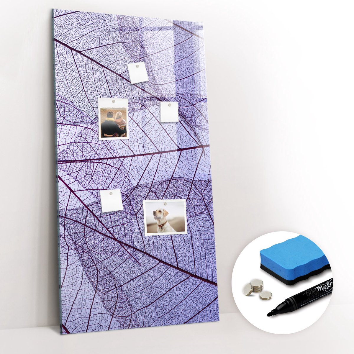 Tulup Whitebord - Bladstructuur - 60 x 120 cm - Paars Memobord Keuken - Gratis 5 Sterke Magneten + Whiteboard Marker & Wisser - Industrieel Wandbord - Memobord Magnetisch - Ideeënbord Thuiswerkplek