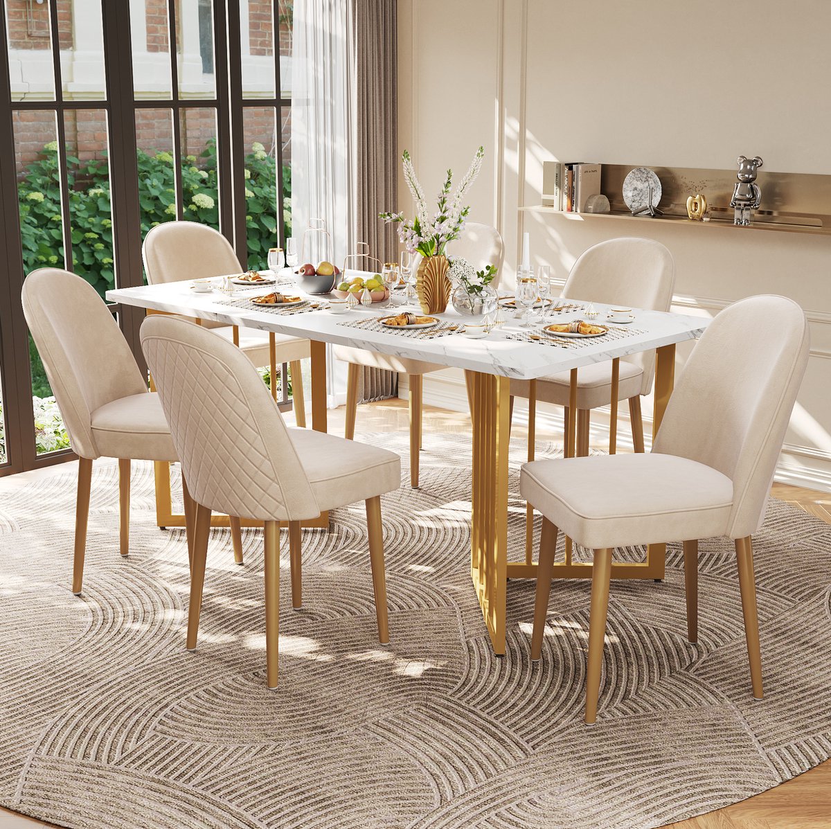 DESMIU Eetkamerstoel Set Van 6 - Beige Velvet - Met Gouden Metalen Poten En Gevoerde Zitting - Voor Eetkamer, Woonkamer En Werkkamer - Volwassenen