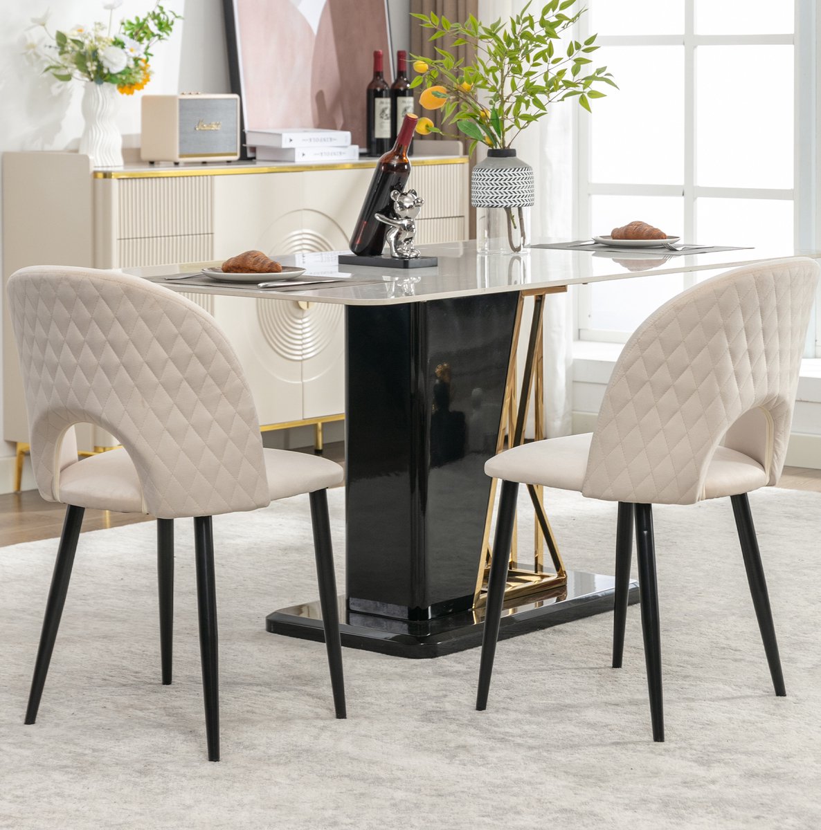 DESMIU Eetkamerstoel Set Van 2 - Opengewerkt Design Met Diamantpatroon En Verstelbare Vloerbeschermers - Voor Eetkamer En Woonkamer - Velvet Beige