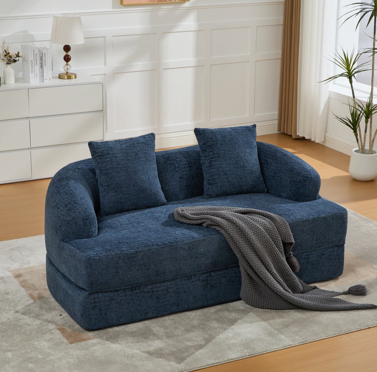 FloraGrace Slaapbank 157 x 84 x 65 cm - 2-Zits Uitklapbare Bank Met 2 Kussens - Voor Woonkamer Of Logeerkamer - Chenille - Marineblauw