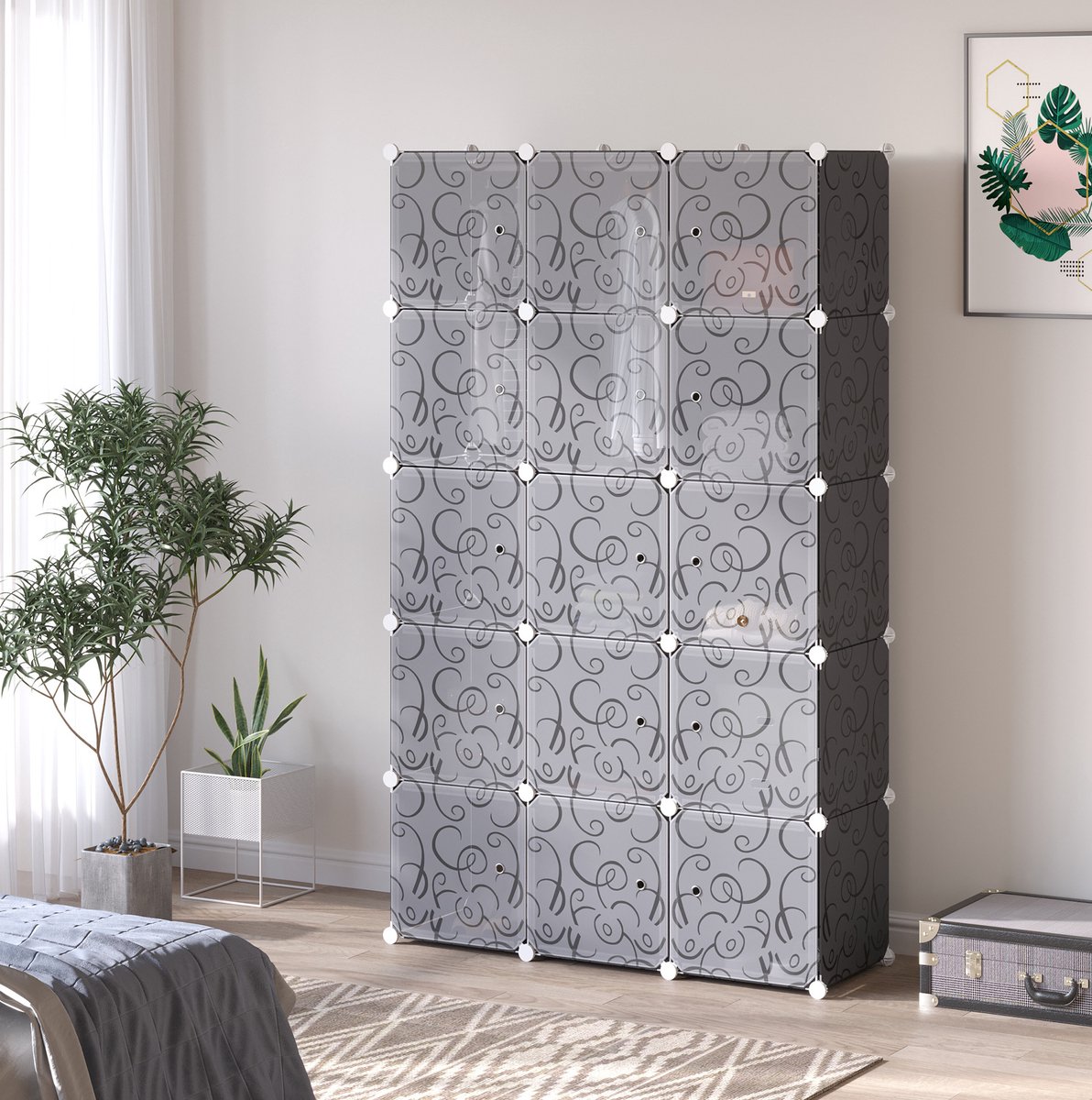 MEUNIQ modulaire kledingkast met 2 grote en 9 kleine vakken, 2 hangstangen, 111 x 47 x 183 cm, opbergkast voor slaapkamer, zwart