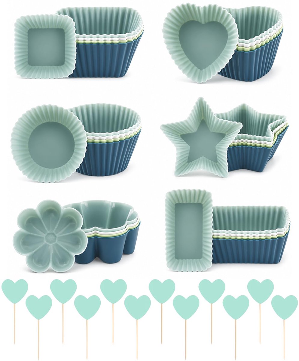 Muffinvormen, 6 soorten, herbruikbaar, met 12 blauwe cupcake-etiketten, antiaanbaklaag, vaatwasmachinebestendig (4 kleuren)