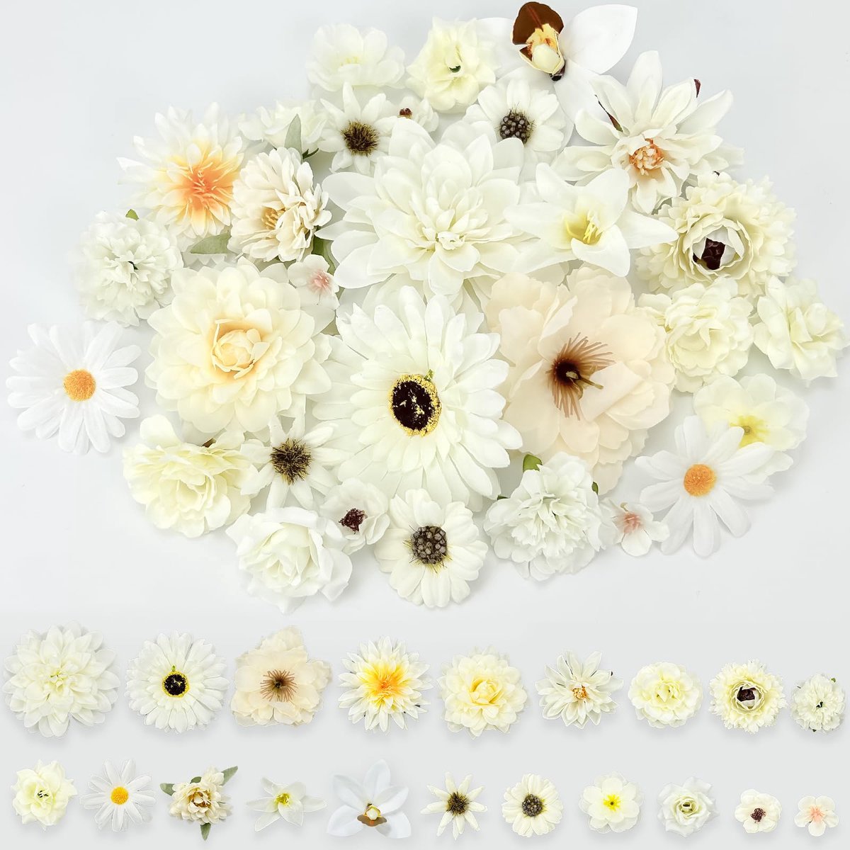 30 stuks kunstbloemkoppen, kunstbloemen, bloemen om te knutselen, mini-decoratie, madeliefjes, pioenrozen, zijden bloemen, koppen voor bruiloften, feesten, woondecoratie