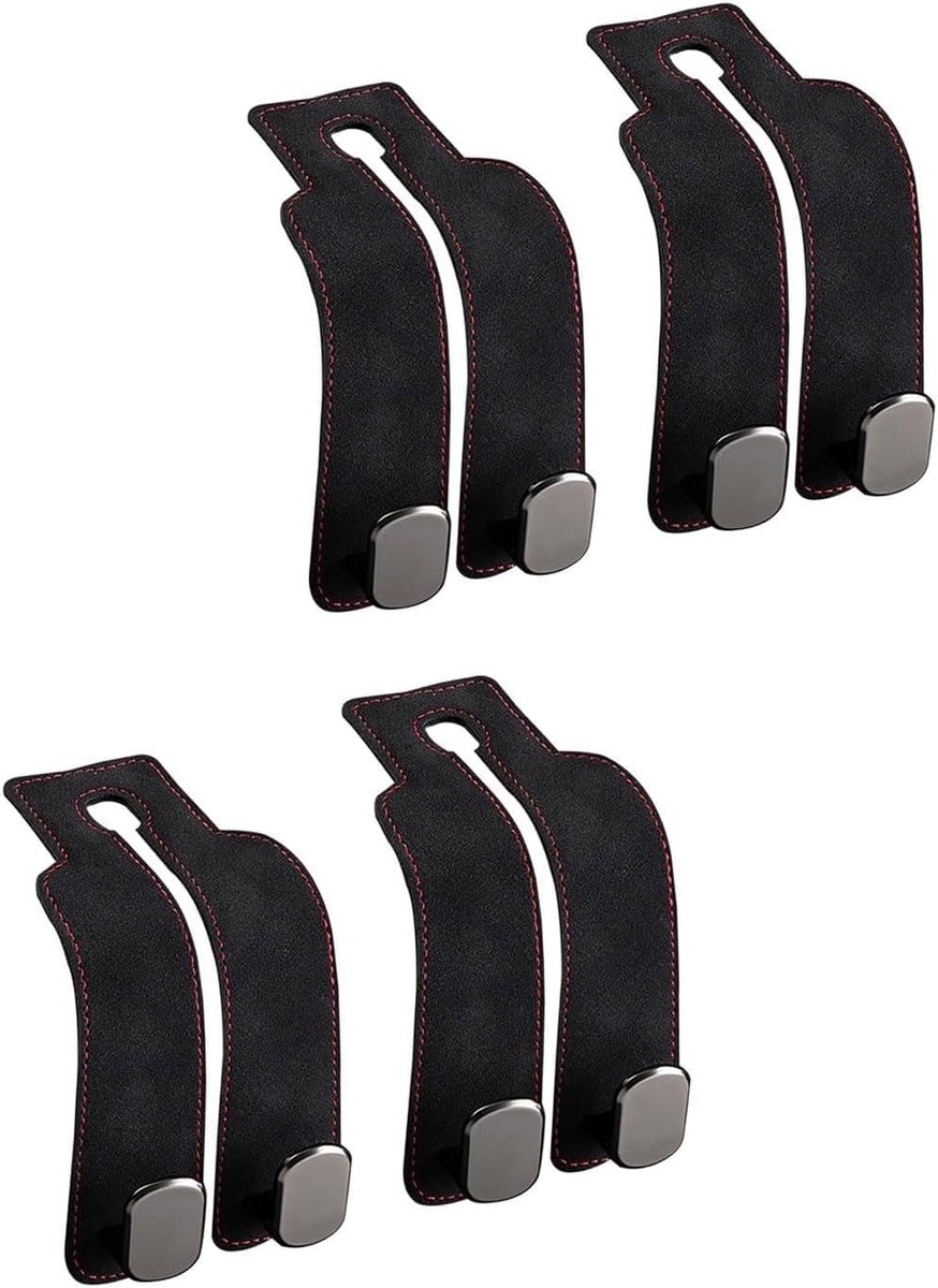 4 stuks autostoelen, dubbele haken, rughaak, leren autostoel, hoofdsteunen, multifunctionele leren haak, voor het ophangen van tassen, compatibel met telefoonhouder (zwart)