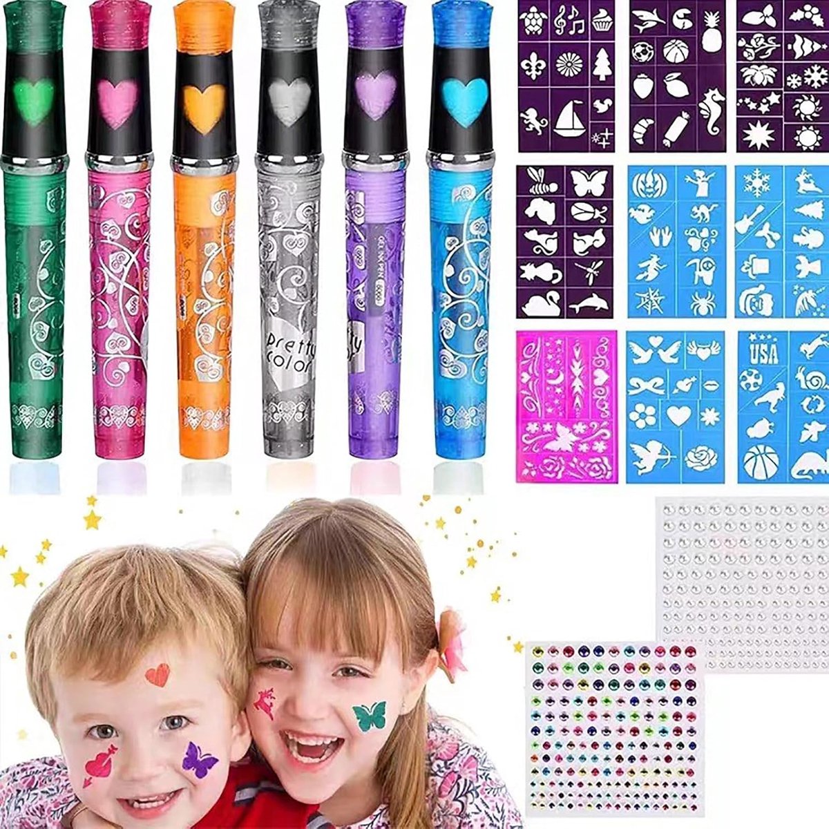 6-delige Set Glittertattoostiften Voor Kinderen Met 9 Sjablonen Tattoo-pennen Glittertattooset Tattoostiften Met Glitter Glitter Tattoo Set Met Tattoo Pennen Cadeau Voor Jongens En Meisjes