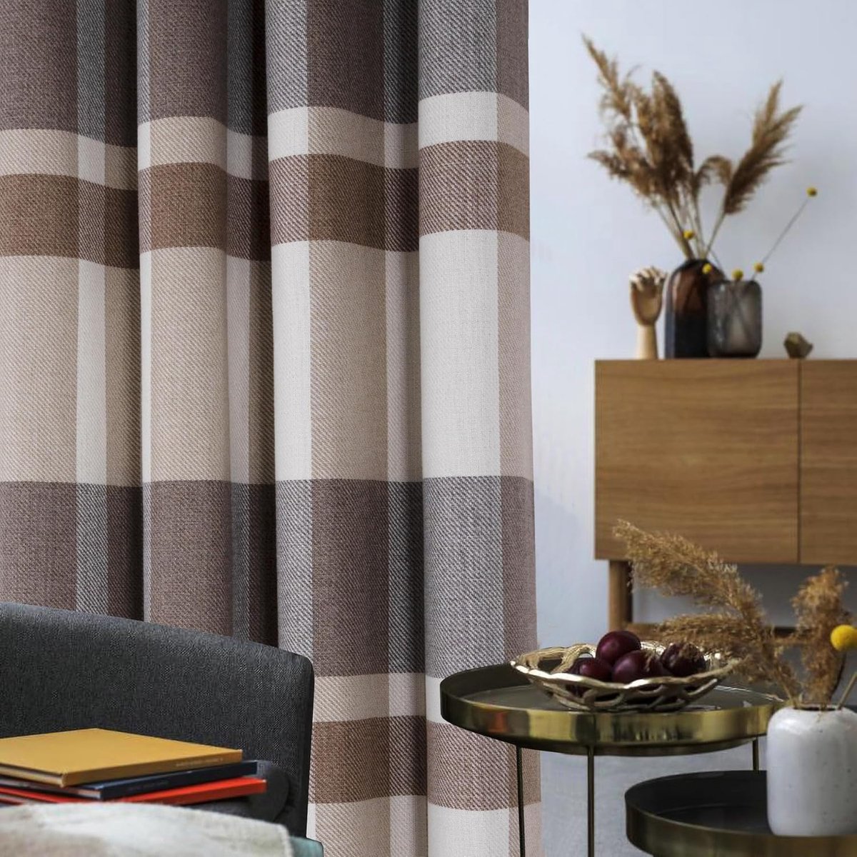 always4u 100% verduisteringsgordijnen, geluidsisolerend en thermische voering, buffelruitpatroon ooggordijn voor woonkamer, slaapkamer, modern en artistiek, grijs en beige, 140 x 260 cm, 2 stuks