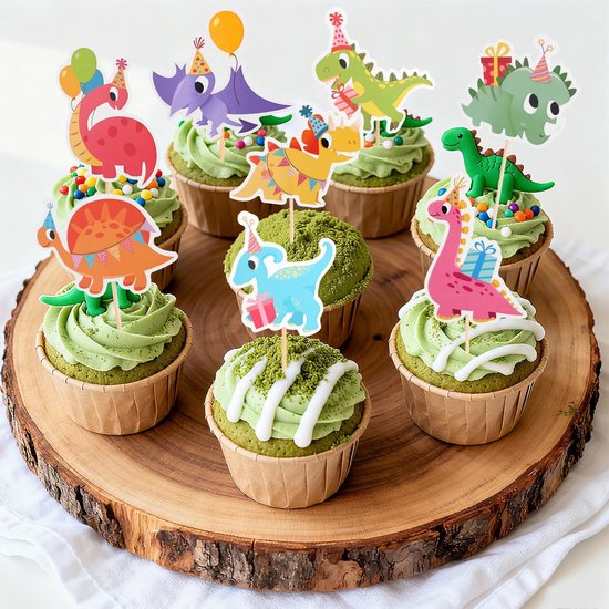 32 Stuks Dinosaurus Cupcake Toppers, Schattige Dinosaurus Cupcake Prikkers met Verschillende Stijlen Dino Taartdecoraties voor Kinderfeestjes Babyshowers en Andere Benodigdheden — afbeelding 3
