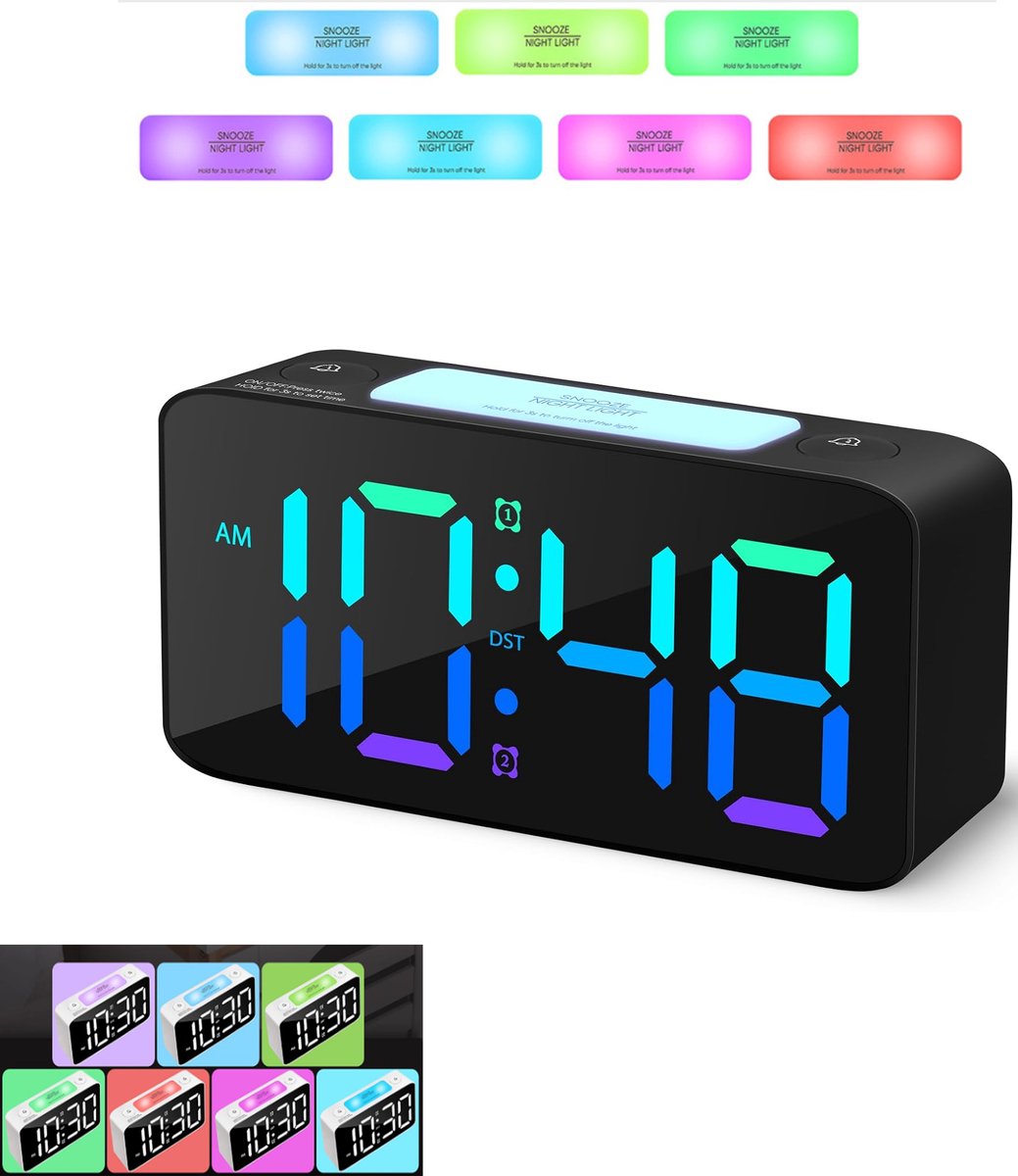 KZQ Digitale wekker met RGB-nachtlampje - Groot scherm en USB-voeding - Voor nachtkastje en bureau - Zwart