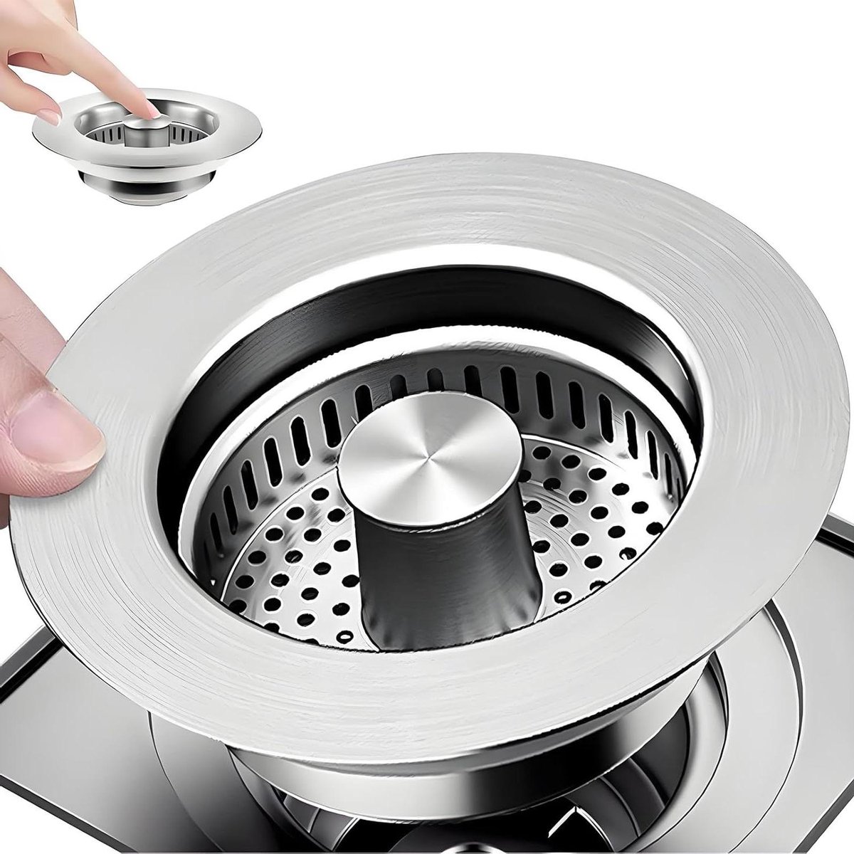Afvoerzeef Keukenspoelbak - Spoelbakstop Gootsteen - Keuken Hygiëne - 3-in-1 Pop-up Mechanisme - 75-86 mm Diameter - Roestvrij Staal