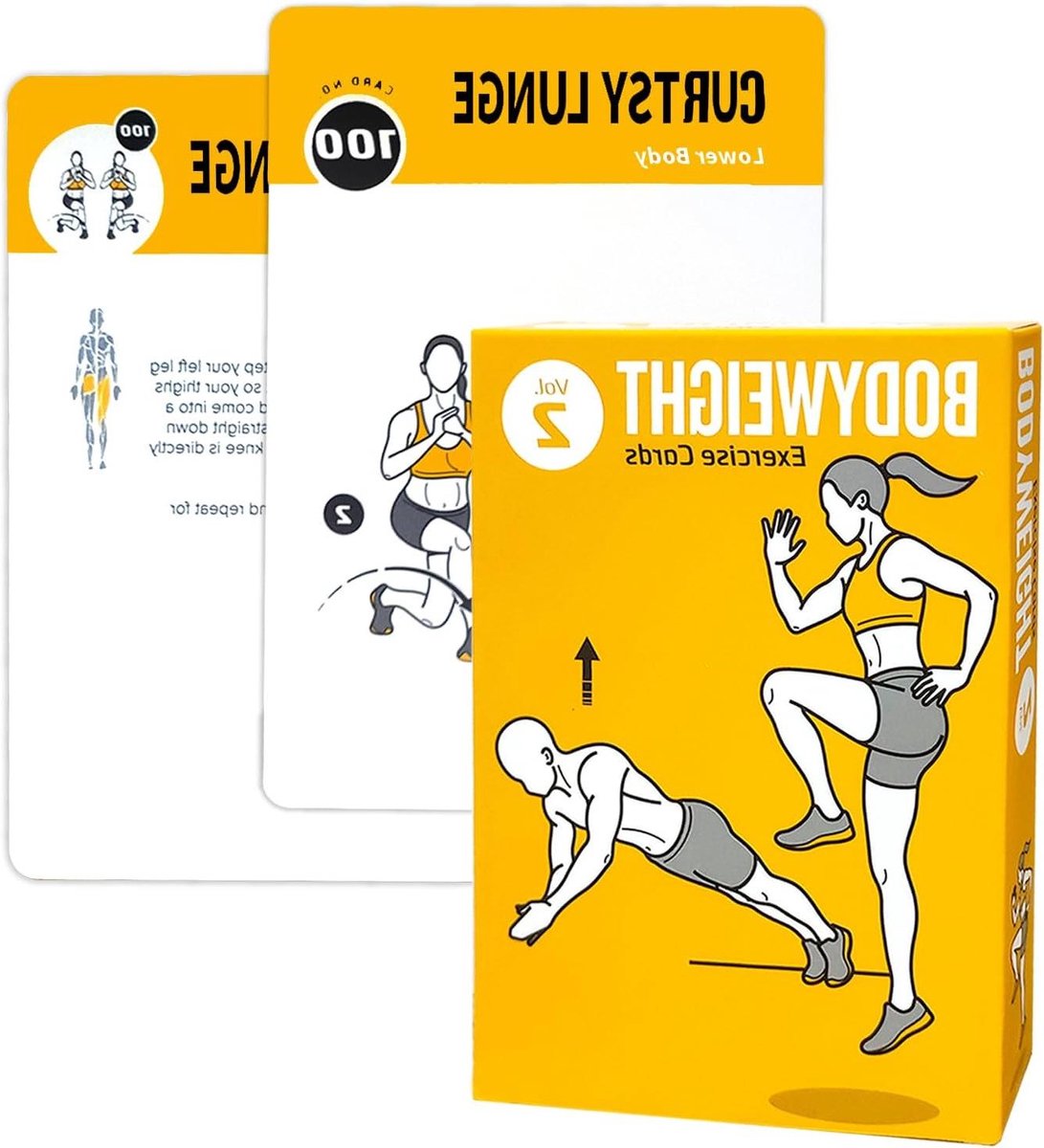 Workout Kaarten - Oefeningen Kaarten - Thuis Fitness - 62 Lichaamsgewicht Oefeningen - 3.5 x 5 inch - Geel