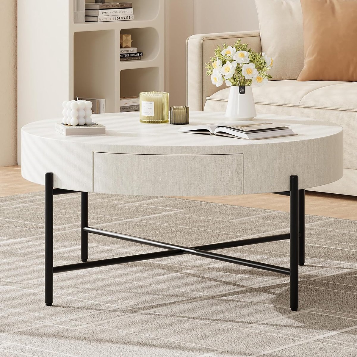 Ronde salontafel met lades - Ronde salontafel -- Salontafel met houten accenten en opbergruimte - Moderne salontafel - Metalen frame - 81×81×40cm - Antiekwit