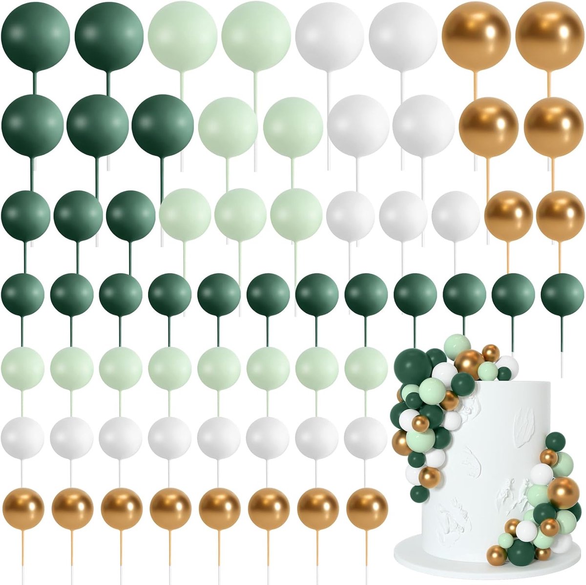 75 stuks taartballen topper decoraties schuim cupcake topper mini ballon taart topper ballen taart picks voor taart deco verjaardagsfeestje bruiloft (groen, goud, wit)