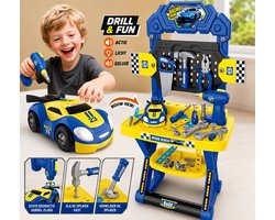 Kinder Werkbank met Elektrische Boormachine en Raceauto - 87 Delige Gereedschapset - STEM Educatief Constructiespeelgoed - Speelgoed Werkbank voor Kinderen vanaf 3 Jaar