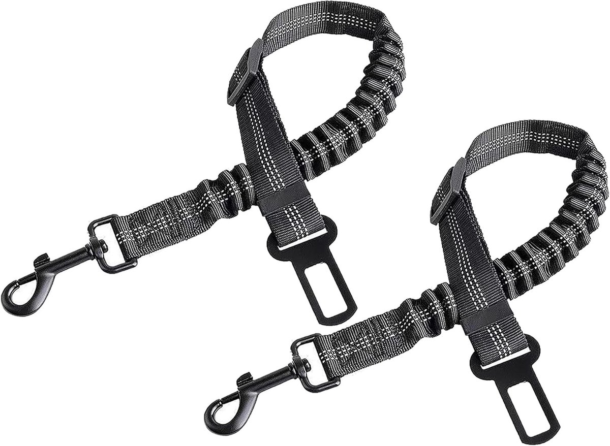 Autogordel voor honden, set van 2 verstelbare huisdierveiligheidsgordels met bungee-buffer, 360 ° draaibare haak en reflecterend ontwerp, universele autogordel voor honden