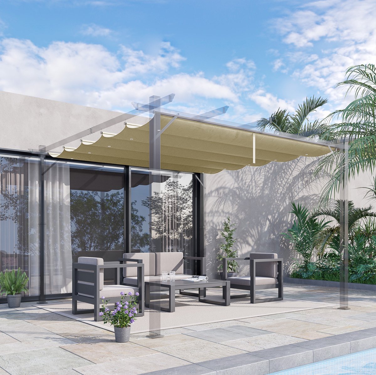 MEUNIQ Vervangingsdak voor pergola of paviljoen 250 x 255 cm met 10 regenafvoergaten, polyester schaduwdoek voor tuin en terras, beige