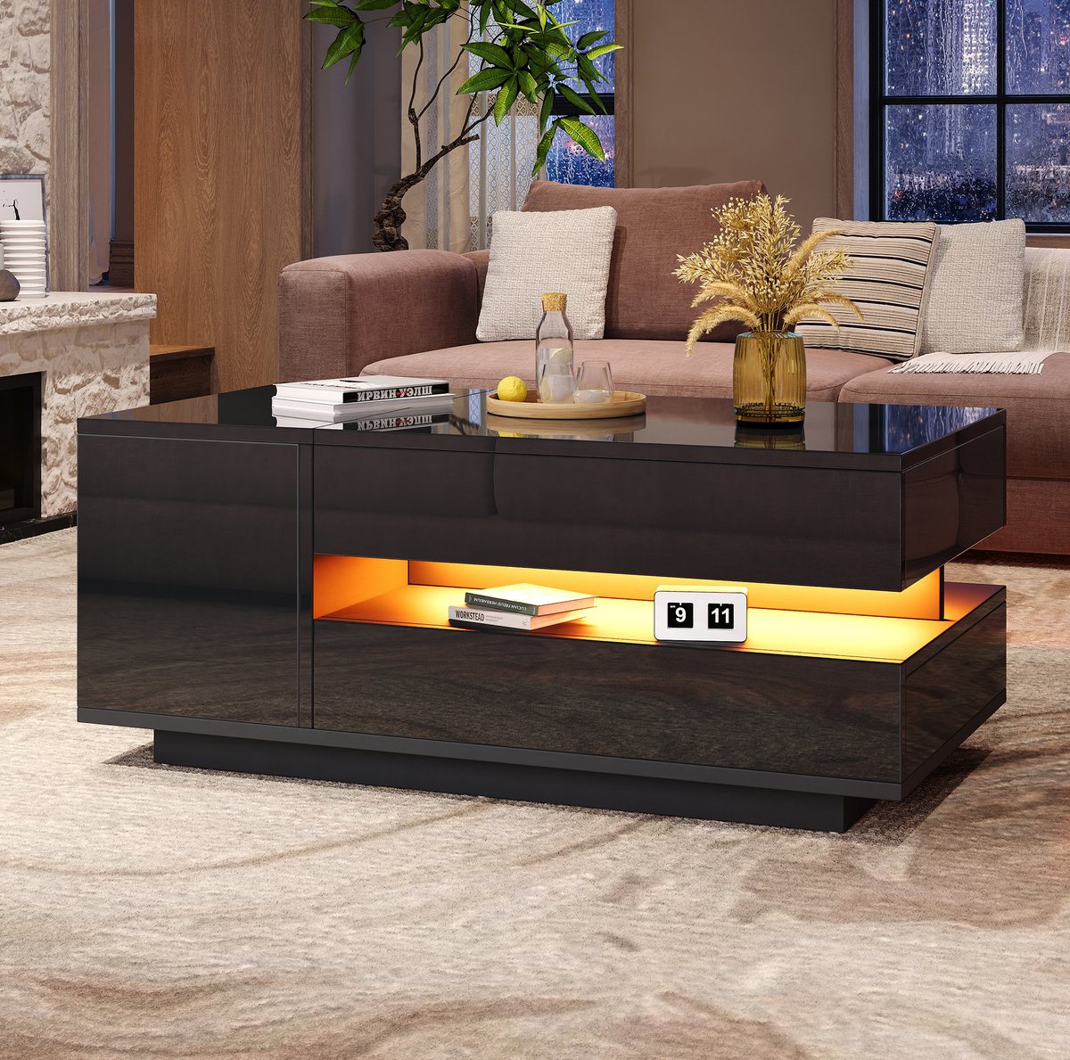 HAUSS SPOLE Salontafel - Hoogglans Met LED, Lade En Kast - Verstelbaar Voor Woonkamer - Spaanplaat - 95x50x40 Cm - Zwart