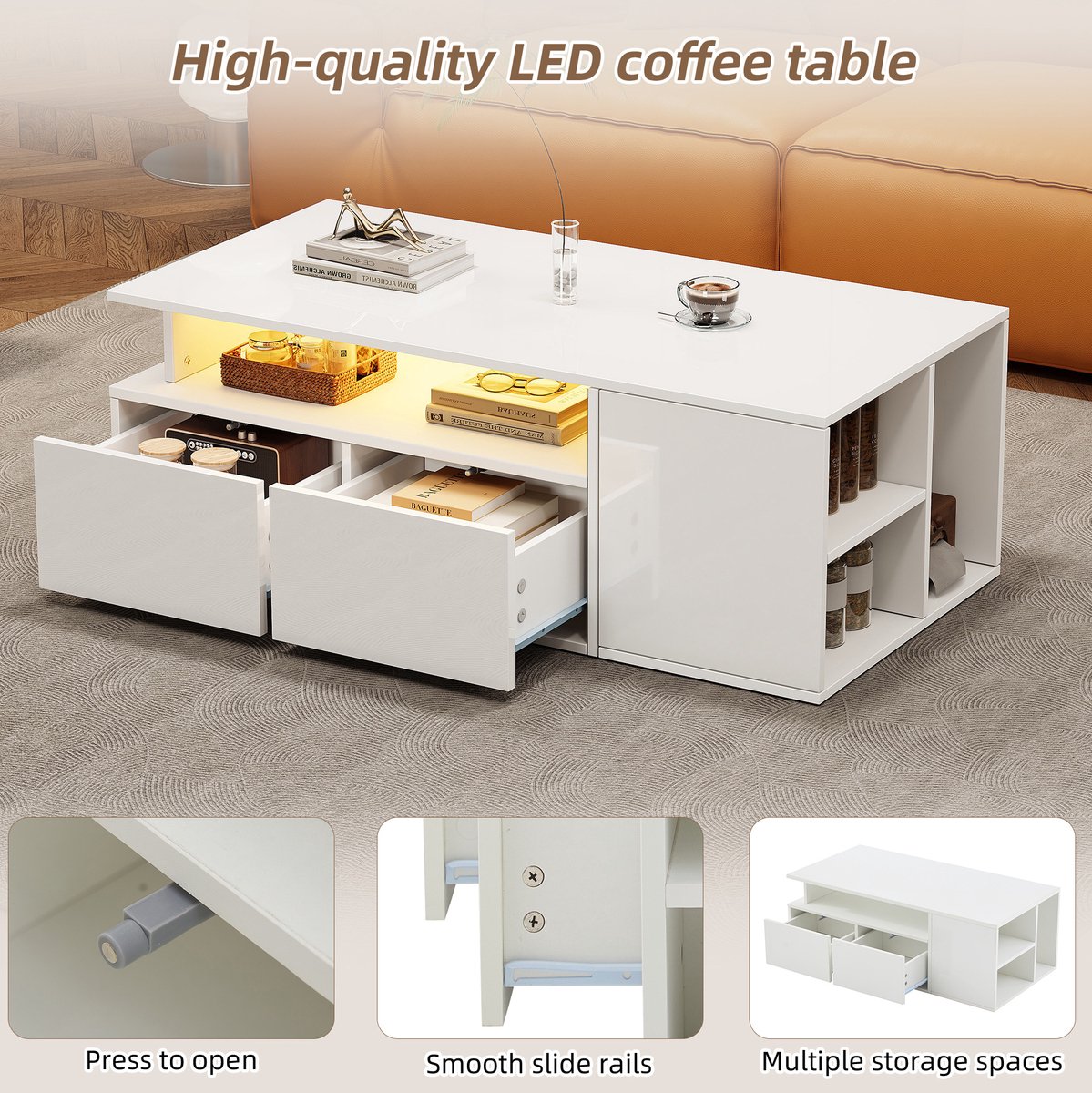 HAUSS SPOLE Salontafel - Hoogglans Met Led En 2 Lades - Voor Woonkamer Met Veel Opbergruimte - Spaanplaat - 100x50x35 Cm - Wit