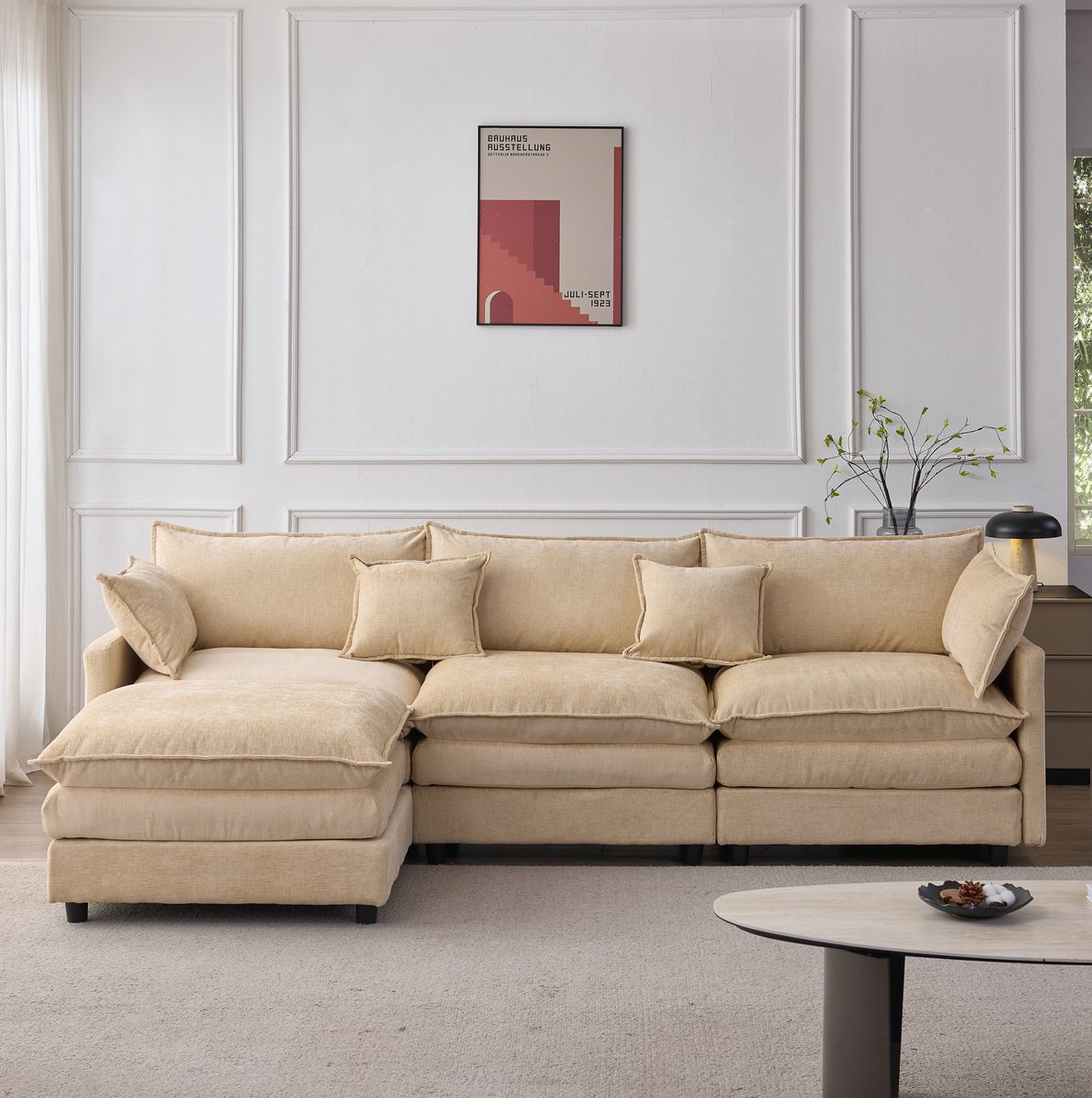 FloraGrace Hoekbank 267 x 154 cm - Modulair 3-Zits Met Verplaatsbare Hocker En Afneembare Hoezen - Woonkamer - Chenille - Licht Koffie