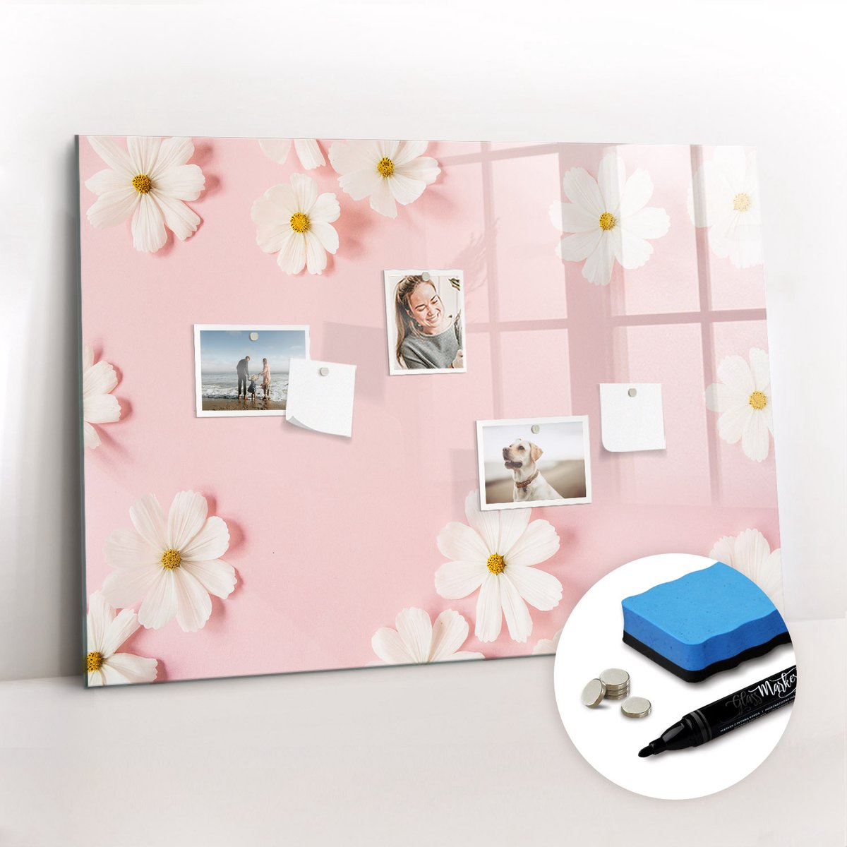 Tulup Whitebord - Madeliefjes - 100 x 70 cm - Roze Magnetisch Bord Kind - Gratis 5 Sterke Magneten + Whiteboard Marker & Wisser - Interieur Accessoires Kantoor - Magnetic Board - Ideeënbord Thuiswerkplek