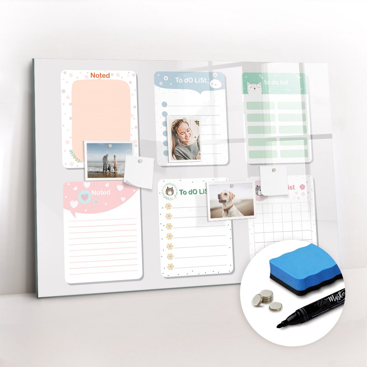 Tulup Whitebord - Gekleurde notities - 100 x 70 cm - Veelkleurig Memo Bord - Gratis 5 Sterke Magneten + Whiteboard Marker & Wisser - Design Memobord - Memo Bord - Ideeënbord Thuiswerkplek