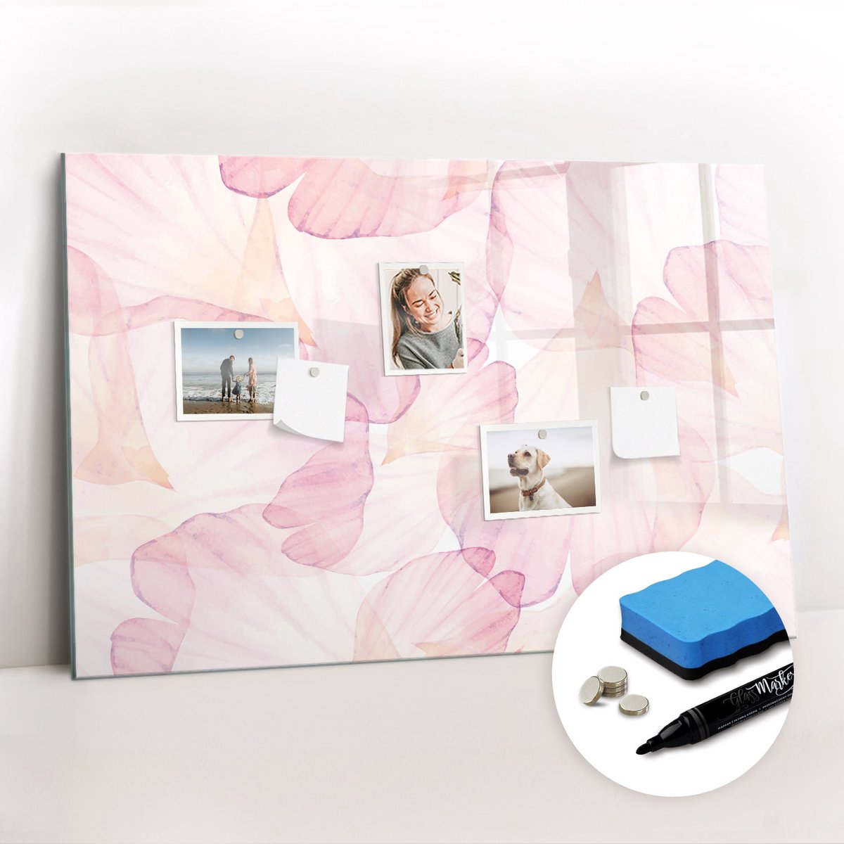 Tulup Whitebord - Aquarel bloemblaadjes - 90 x 60 cm - Roze Memobord Magnetisch - Gratis 5 Sterke Magneten + Whiteboard Marker & Wisser - Scandinavisch Design Bord - Memo Bord - Planning Muur