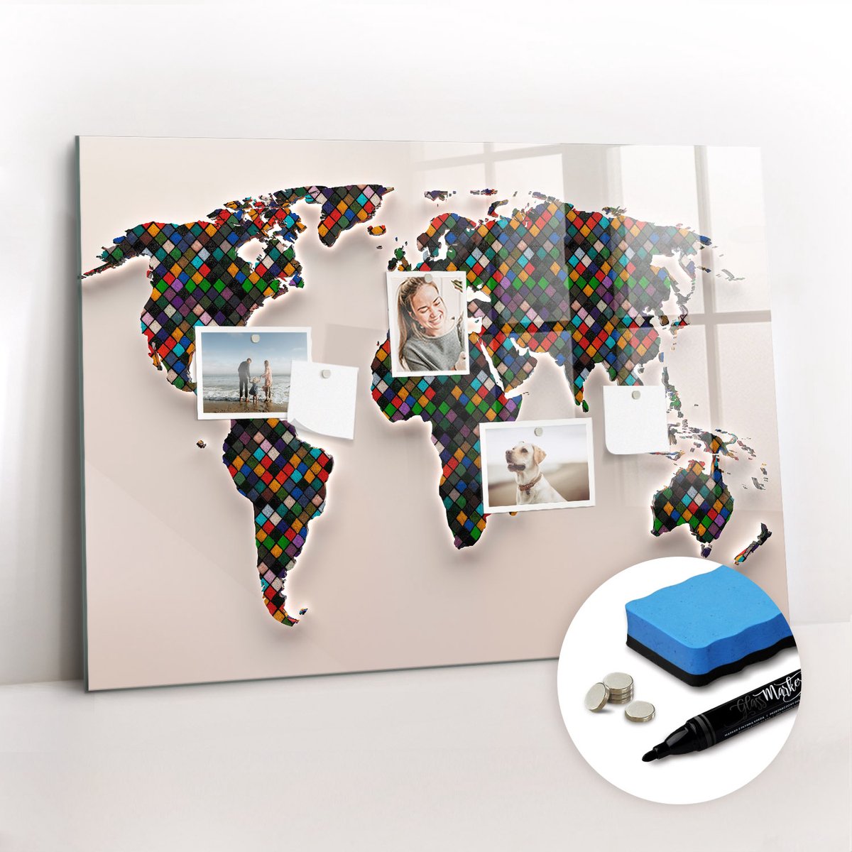 Tulup Whitebord - Moderne wereldkaart - 100 x 70 cm - Veelkleurig Magnetisch Wandbord - Gratis 5 Sterke Magneten + Whiteboard Marker & Wisser - Organizer Muur - Magneetbord Muur - Notitiebord Werkplek