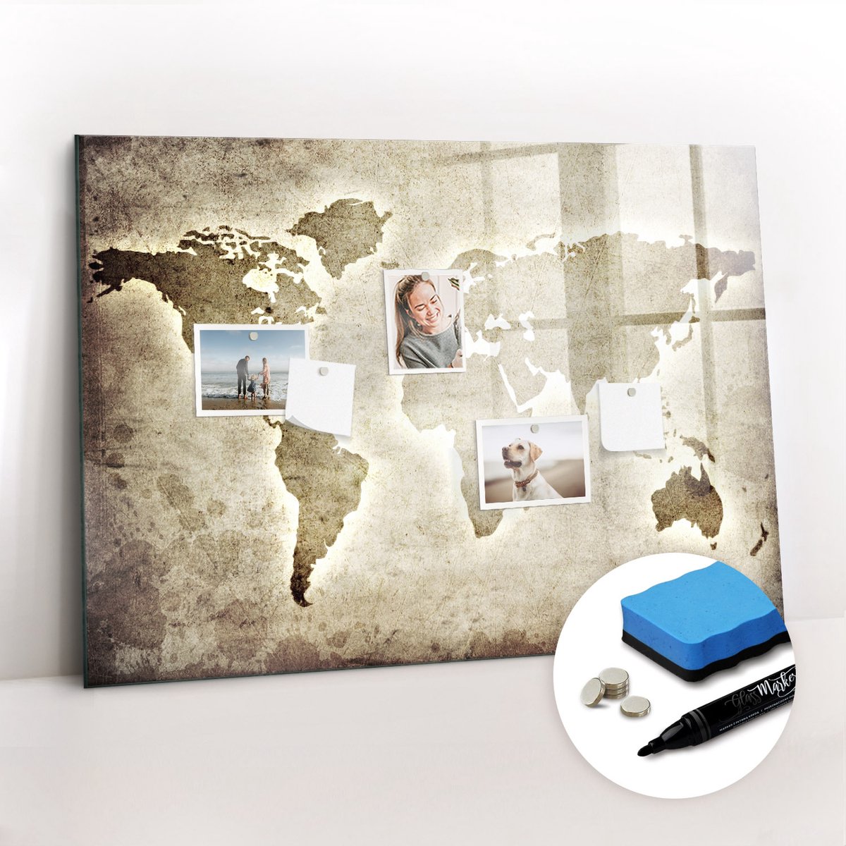 Tulup Whitebord - Aardbolkaart - 100 x 70 cm - Grijs Memo Bord - Gratis 5 Sterke Magneten + Whiteboard Marker & Wisser - Minimalistisch Prikbord - Memobord Magnetisch - Planning Muur