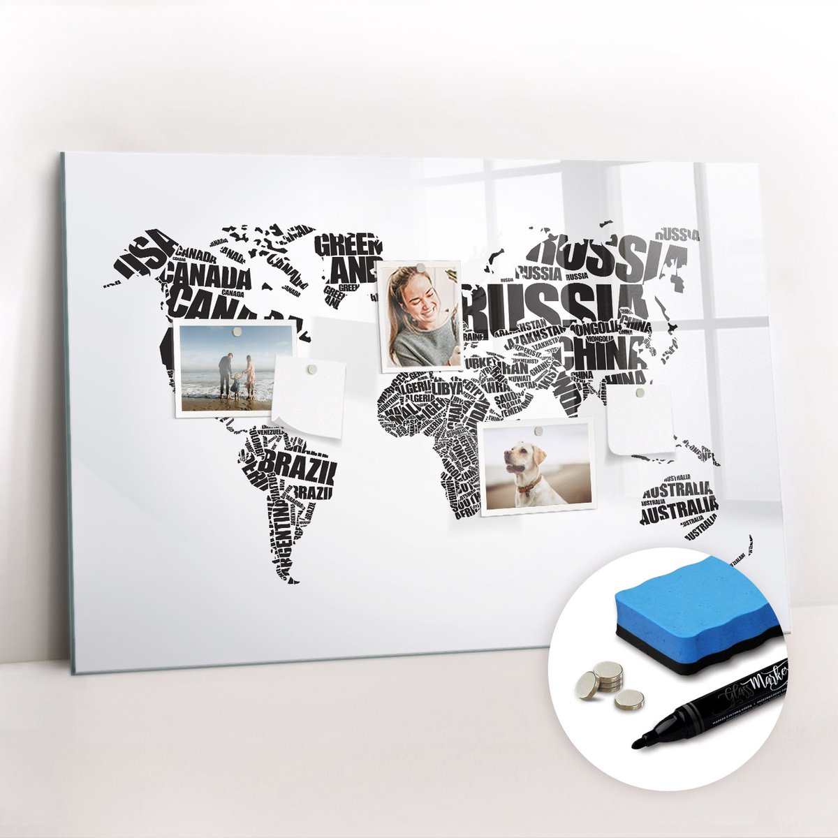 Tulup Whitebord - Wereldkaart met ondertitels - 90 x 60 cm - Zwart-wit Magnetisch Memobord - Gratis 5 Sterke Magneten + Whiteboard Marker & Wisser - Minimalistisch Prikbord - Magnetic Board - Notitiebord Werkplek