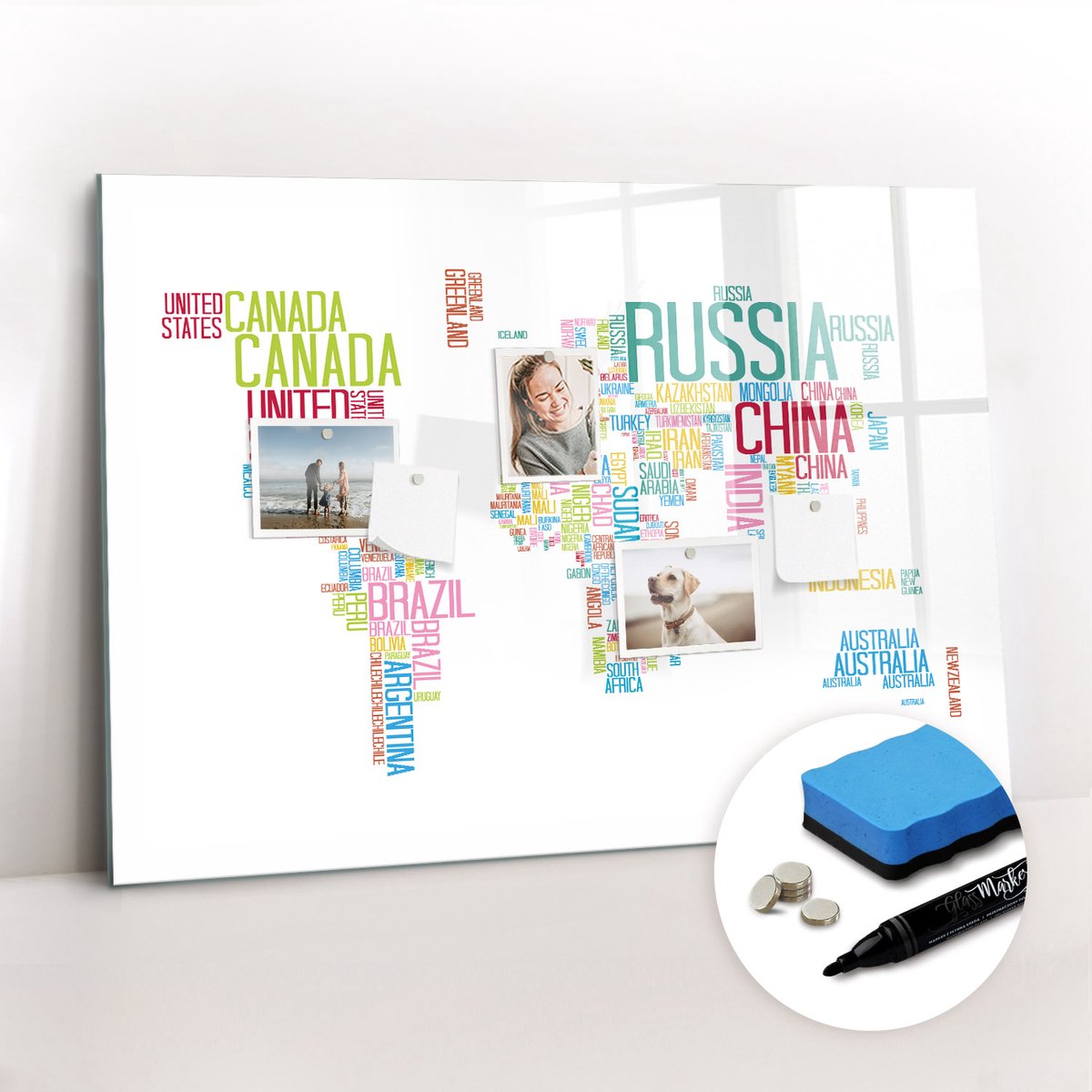 Tulup Whitebord - Kaart met landnamen - 100 x 70 cm - Veelkleurig Magnetisch Bord Kind - Gratis 5 Sterke Magneten + Whiteboard Marker & Wisser - Stylish Memo Board - Magnetisch Bord - Planning Muur
