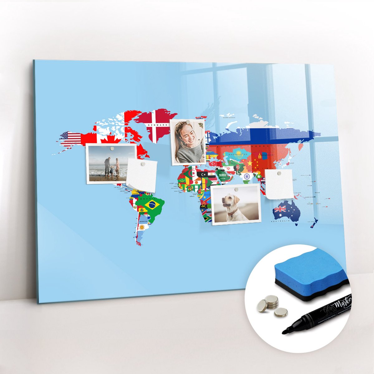 Tulup Whitebord - Vlaggenkaart - 100 x 70 cm - Veelkleurig Memobord Magnetisch - Gratis 5 Sterke Magneten + Whiteboard Marker & Wisser - Interieur Accessoires Kantoor - Memobord Keuken - Productiviteit Tools